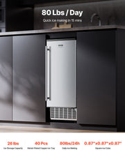 Undercounter Ice Maker – 80 lbs/Day, 26 lbs Storage, Built-In or Freestanding