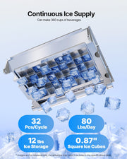 Commercial Ice Maker Machine – 80 lbs/24h, 32 Cubes, 12 lbs Storage