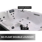 Hot tub with features labeled including 'Cascading Waterfalls' and 'Leg Jets', and text 'No-Float Double Lounger'.