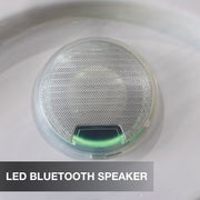 LED Bluetooth speaker on a white background with text overlay