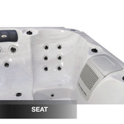 Hot tub with multiple jets and a labeled 'SEAT' on a white background