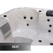 Hot tub with multiple jets and a labeled 'SEAT' on a white background