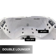 Hot tub with labeled jets and 'Double Lounger' text on a white background